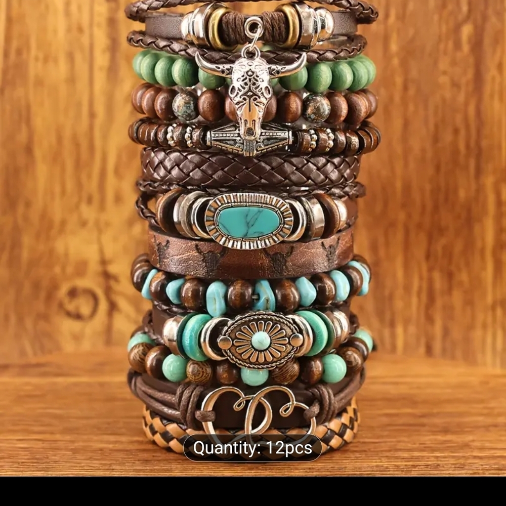 Brown and Turquoise Beaded Bracelet 12 Piece Set - Picture 5 of 5